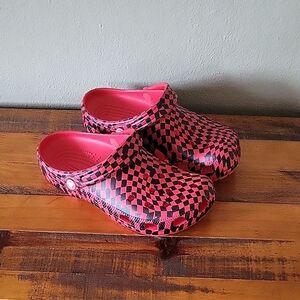 CROCS Red and Black Checkered Mules